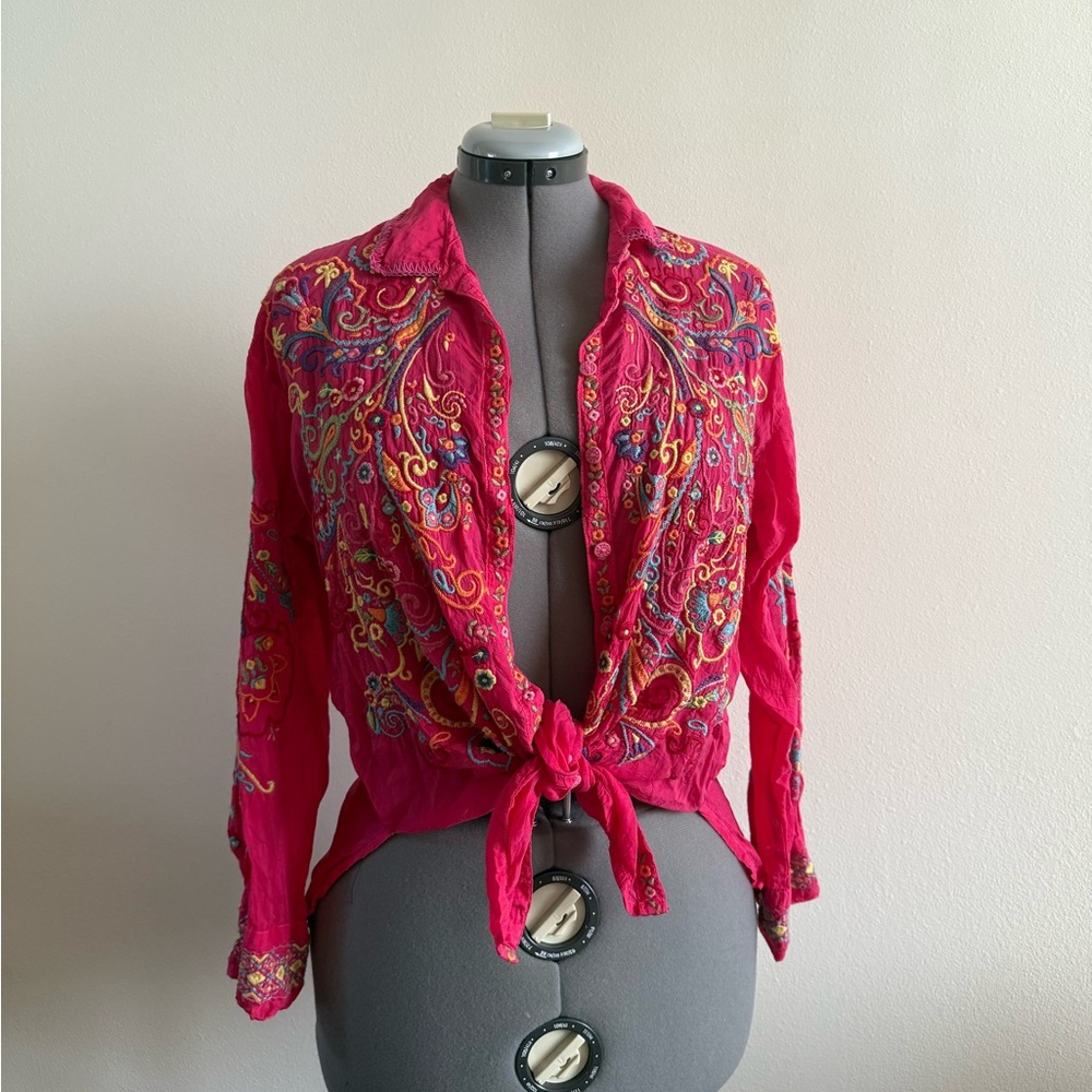 Johnny Was Red Long Sleeve Tie Front Blouse